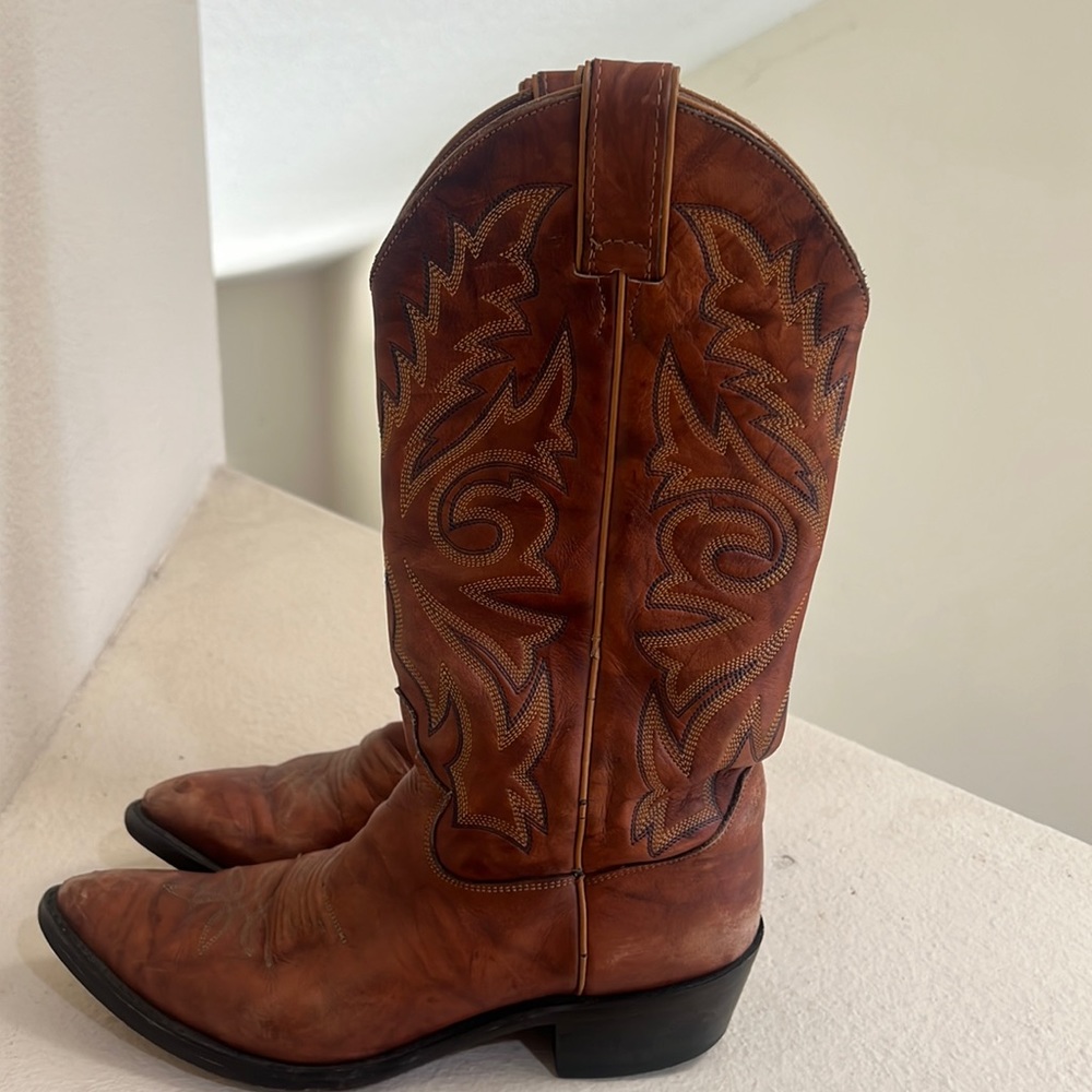 Vintage Men Justin Boots‎ 1967 Brown Leather Cowboy  Pull-On Western Boots 7.5